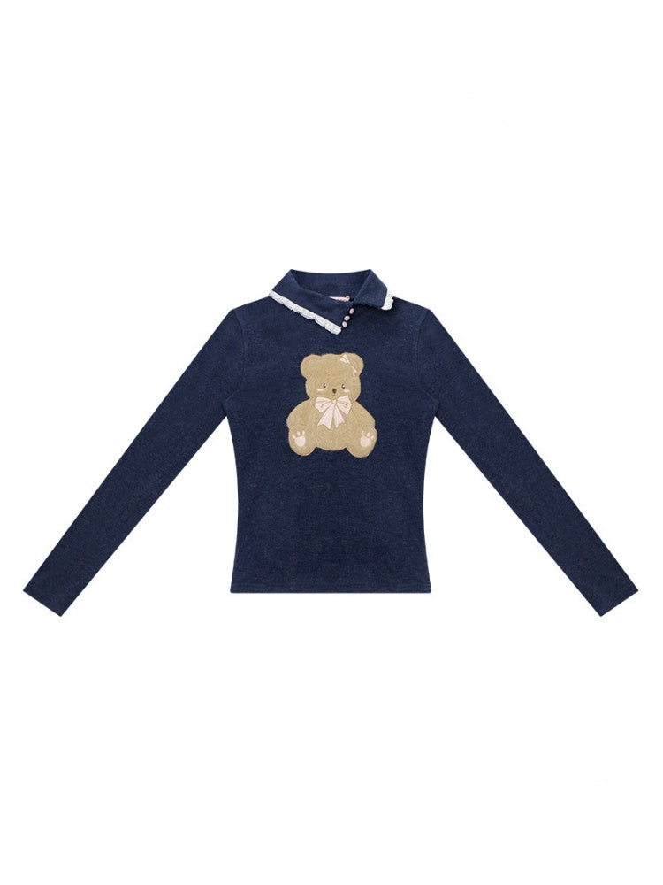 Polo Slanted Collar Bear Pattern Slim Top Knitted【s0000015298】