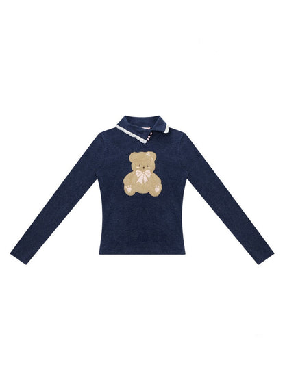 Polo Slanted Collar Bear Pattern Slim Top Knitted【s0000015298】