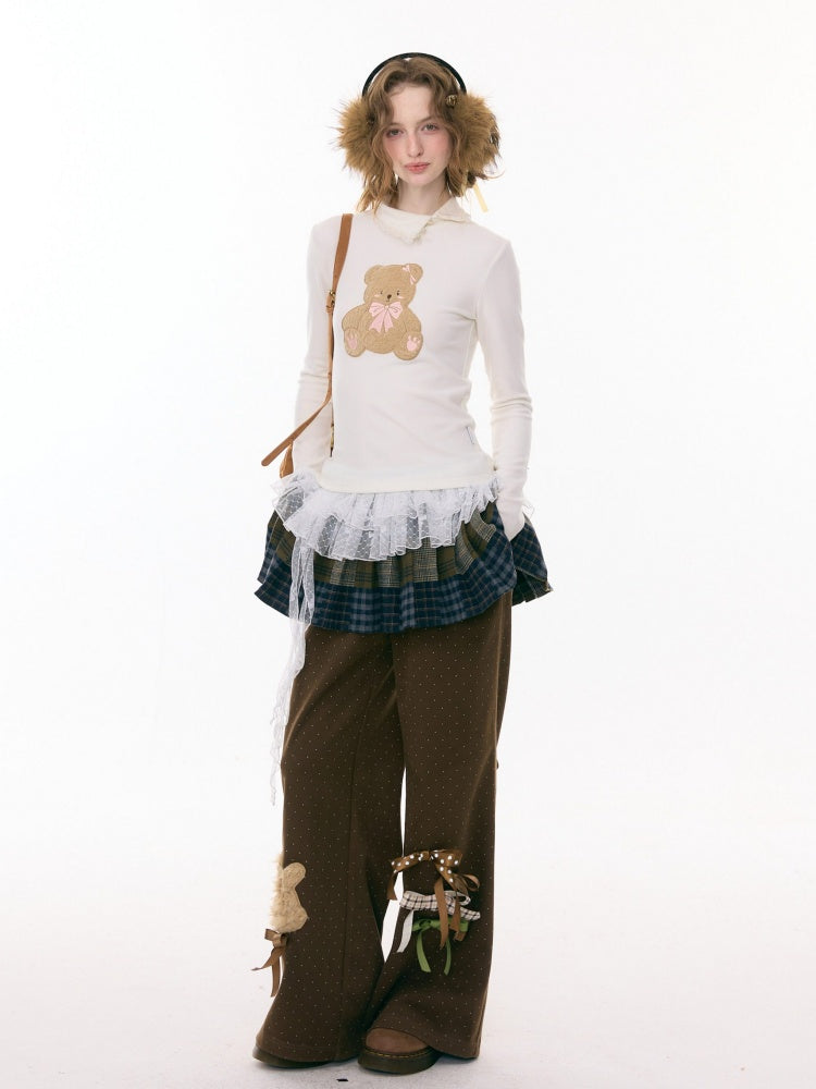 Polo Slanted Collar Bear Pattern Slim Top Knitted【s0000015298】