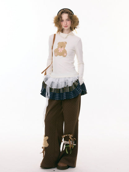 Polo Slanted Collar Bear Pattern Slim Top Knitted【s0000015298】