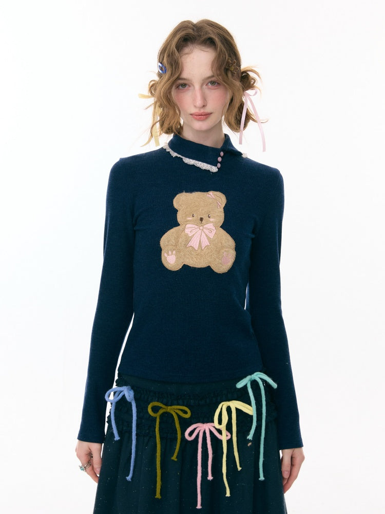 Polo Slanted Collar Bear Pattern Slim Top Knitted【s0000015298】