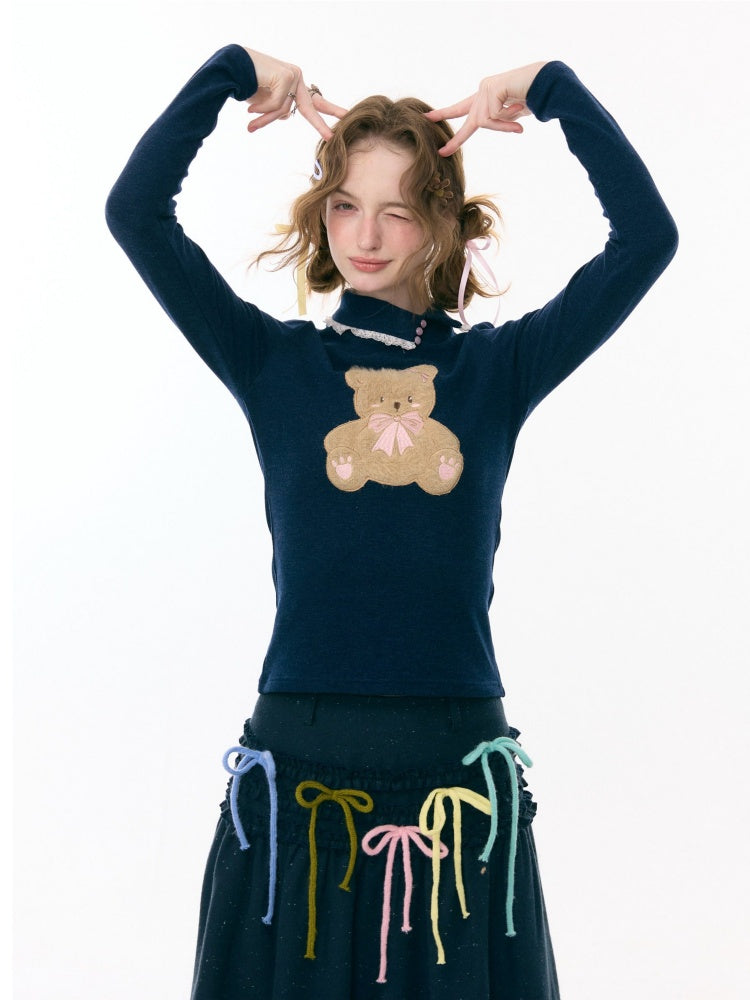 Polo Slanted Collar Bear Pattern Slim Top Knitted【s0000015298】