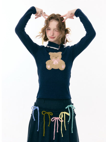 Polo Slanted Collar Bear Pattern Slim Top Knitted【s0000015298】