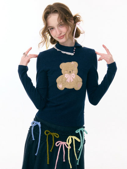 Polo Slanted Collar Bear Pattern Slim Top Knitted【s0000015298】