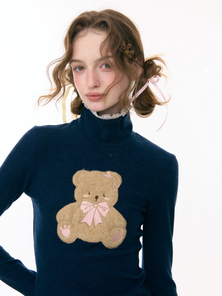 Polo Slanted Collar Bear Pattern Slim Top Knitted【s0000015298】