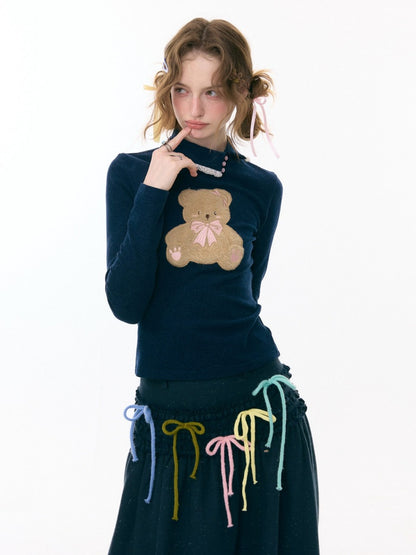 Polo Slanted Collar Bear Pattern Slim Top Knitted【s0000015298】