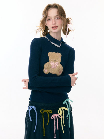 Polo Slanted Collar Bear Pattern Slim Top Knitted【s0000015298】