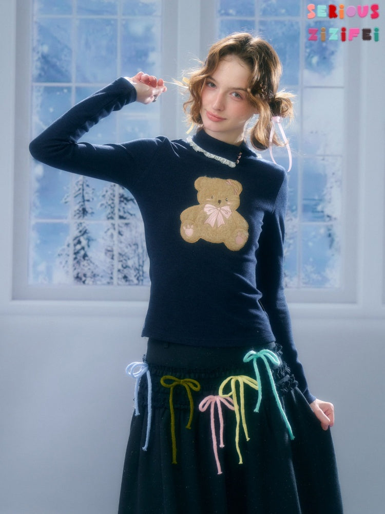 Polo Slanted Collar Bear Pattern Slim Top Knitted【s0000015298】