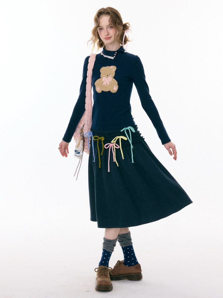 Polo Slanted Collar Bear Pattern Slim Top Knitted【s0000015298】