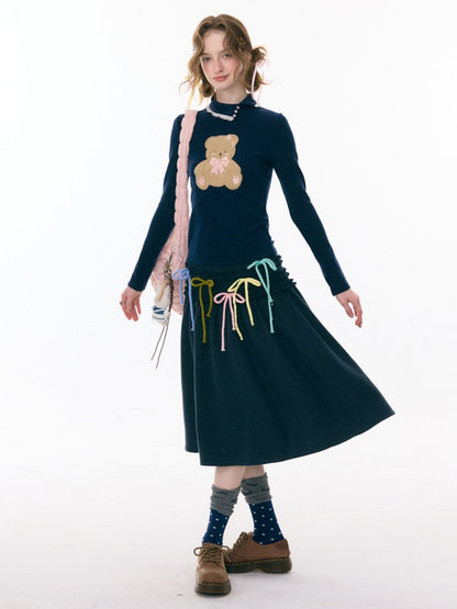 Polo Slanted Collar Bear Pattern Slim Top Knitted【s0000015298】