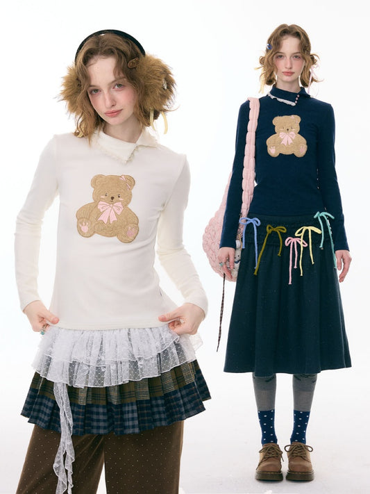 Polo Slanted Collar Bear Pattern Slim Top Knitted【s0000015298】
