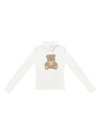 Polo Slanted Collar Bear Pattern Slim Top Knitted【s0000015298】