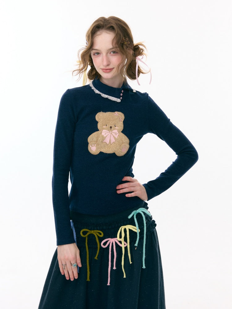 Polo Slanted Collar Bear Pattern Slim Top Knitted【s0000015298】