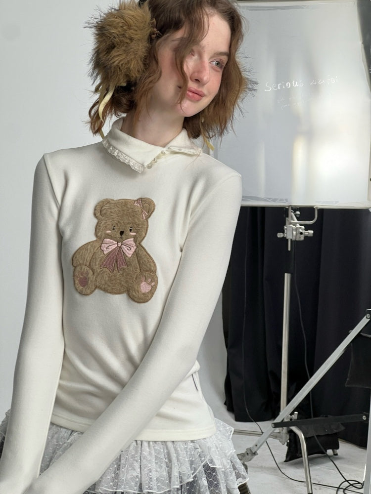 Polo Slanted Collar Bear Pattern Slim Top Knitted【s0000015298】