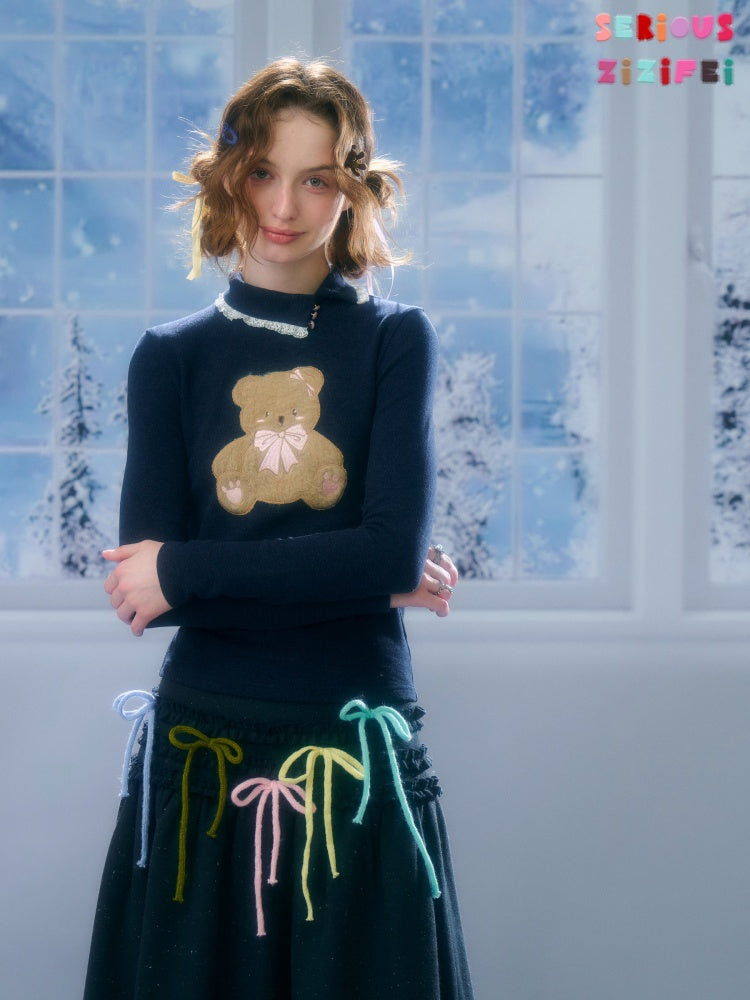 Polo Slanted Collar Bear Pattern Slim Top Knitted【s0000015298】