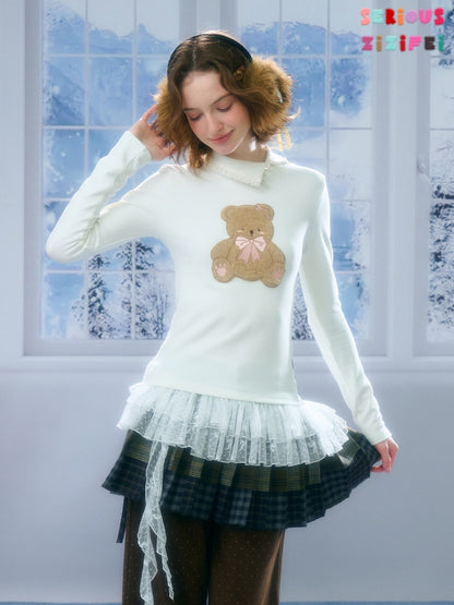 Polo Slanted Collar Bear Pattern Slim Top Knitted【s0000015298】