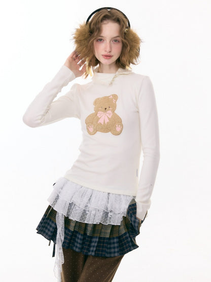 Polo Slanted Collar Bear Pattern Slim Top Knitted【s0000015298】