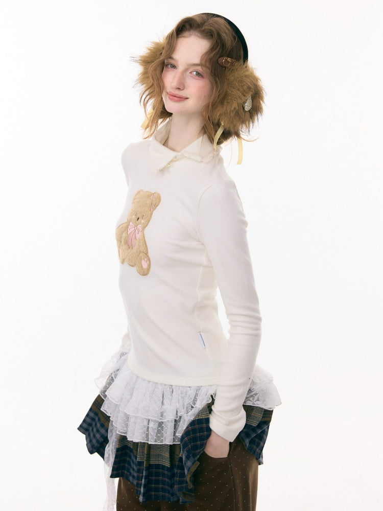 Polo Slanted Collar Bear Pattern Slim Top Knitted【s0000015298】