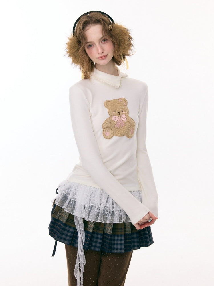 Polo Slanted Collar Bear Pattern Slim Top Knitted【s0000015298】
