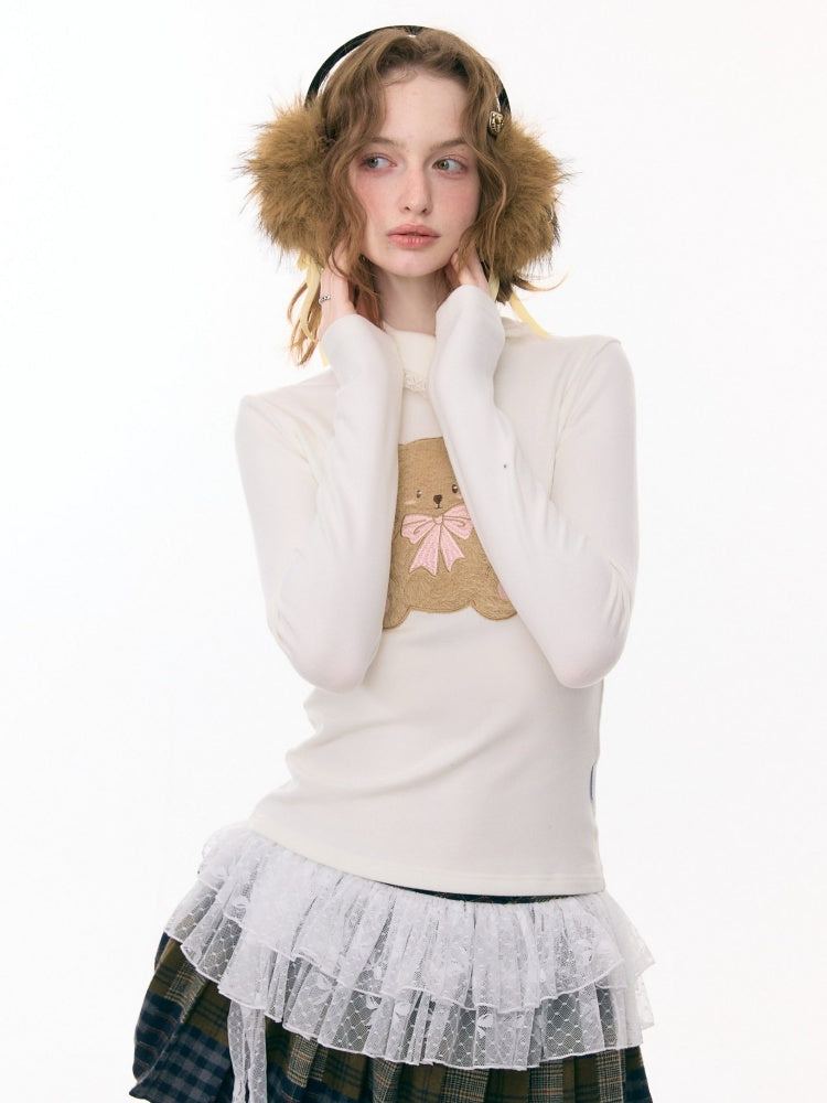 Polo Slanted Collar Bear Pattern Slim Top Knitted【s0000015298】