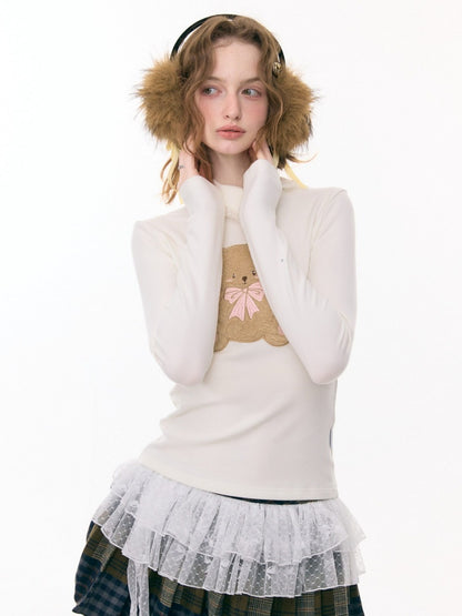 Polo Slanted Collar Bear Pattern Slim Top Knitted【s0000015298】