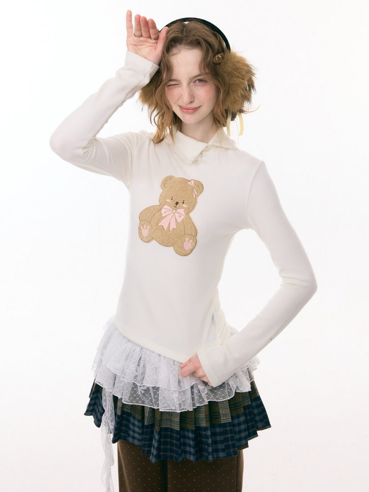 Polo Slanted Collar Bear Pattern Slim Top Knitted【s0000015298】