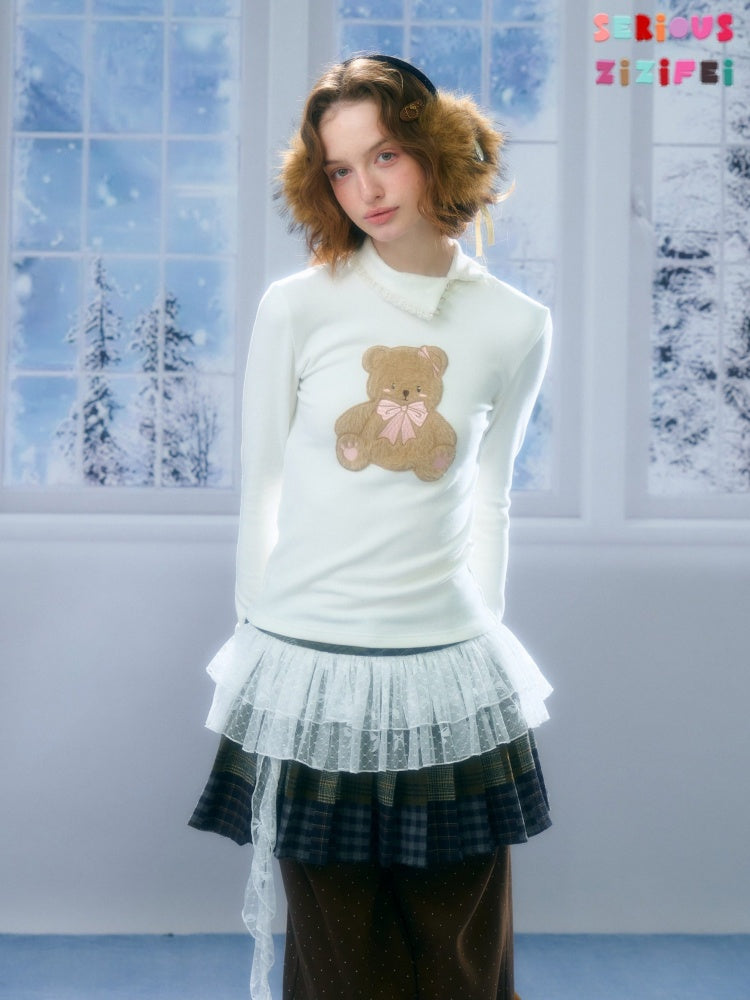 Polo Slanted Collar Bear Pattern Slim Top Knitted【s0000015298】