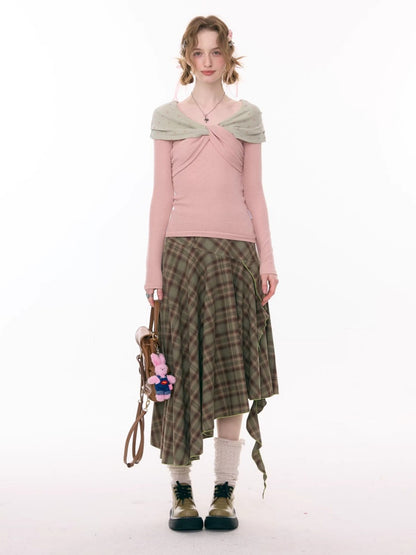 Contrast Plaid Irregular Hem Midi Length Skirt【s0000015299】