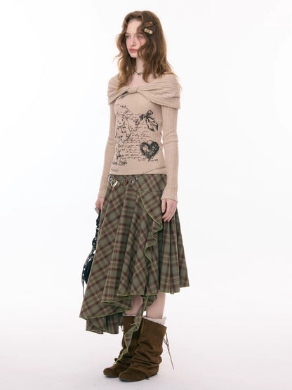 Contrast Plaid Irregular Hem Midi Length Skirt【s0000015299】