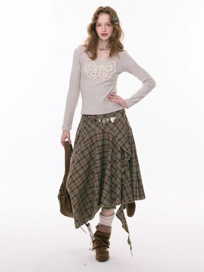 Contrast Plaid Irregular Hem Midi Length Skirt【s0000015299】