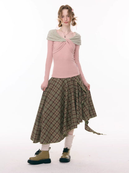 Contrast Plaid Irregular Hem Midi Length Skirt【s0000015299】