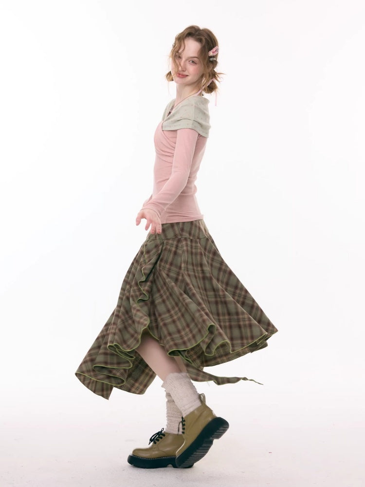 Contrast Plaid Irregular Hem Midi Length Skirt【s0000015299】