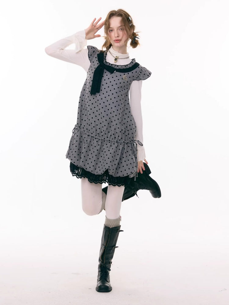 Polka Dot Flying Sleeves Layered With Pocket Hem Woolen Dress【s0000015300】
