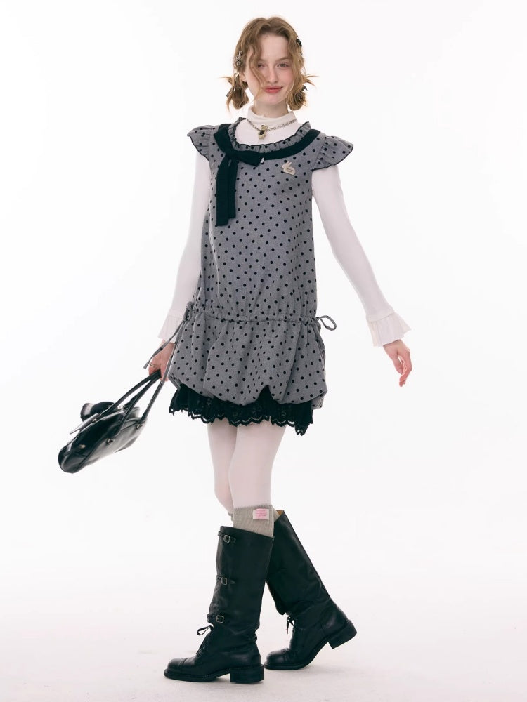 Polka Dot Flying Sleeves Layered With Pocket Hem Woolen Dress【s0000015300】