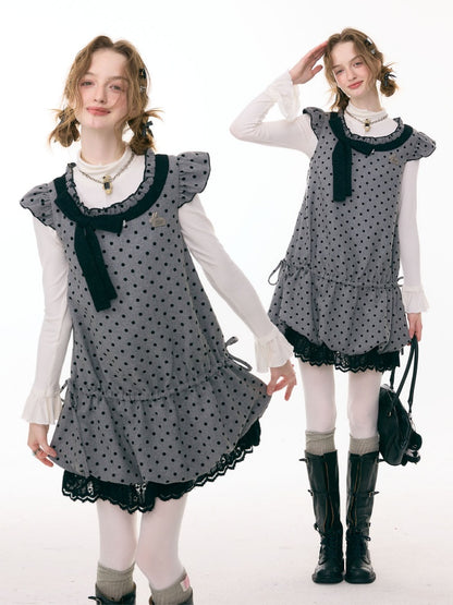 Polka Dot Flying Sleeves Layered With Pocket Hem Woolen Dress【s0000015300】