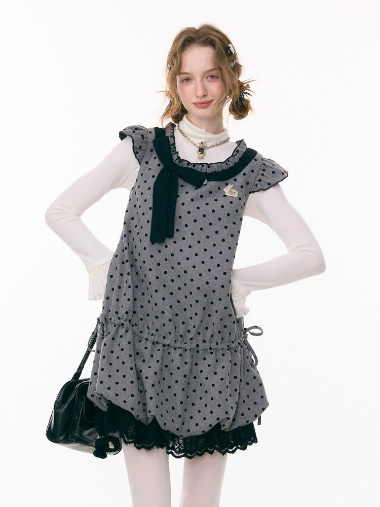 Polka Dot Flying Sleeves Layered With Pocket Hem Woolen Dress【s0000015300】