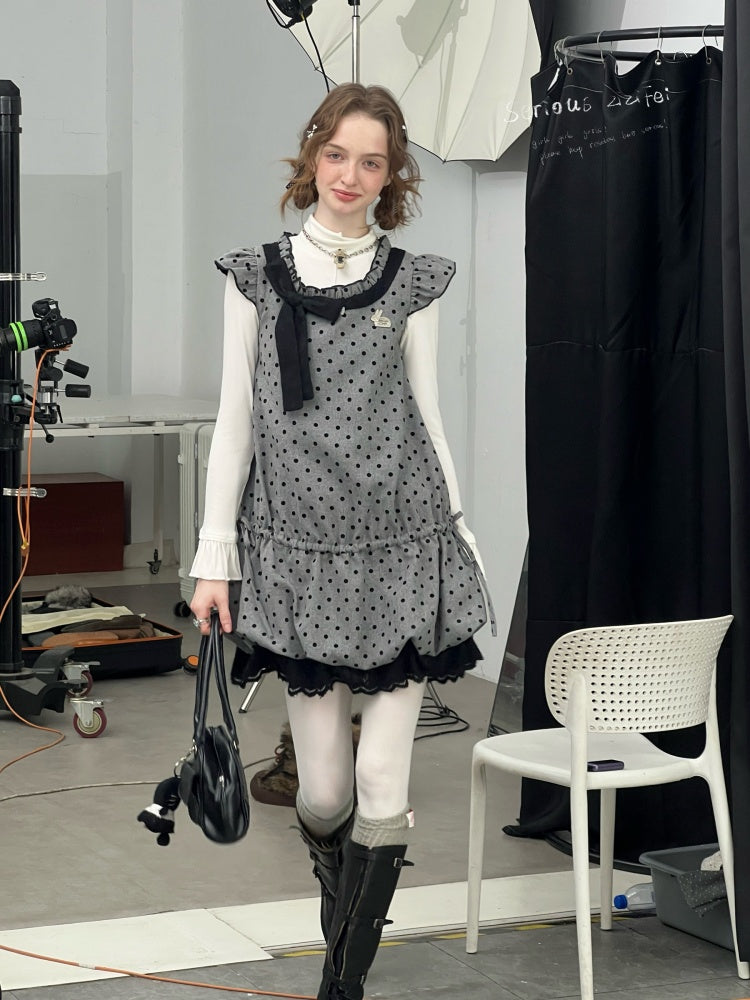 Polka Dot Flying Sleeves Layered With Pocket Hem Woolen Dress【s0000015300】