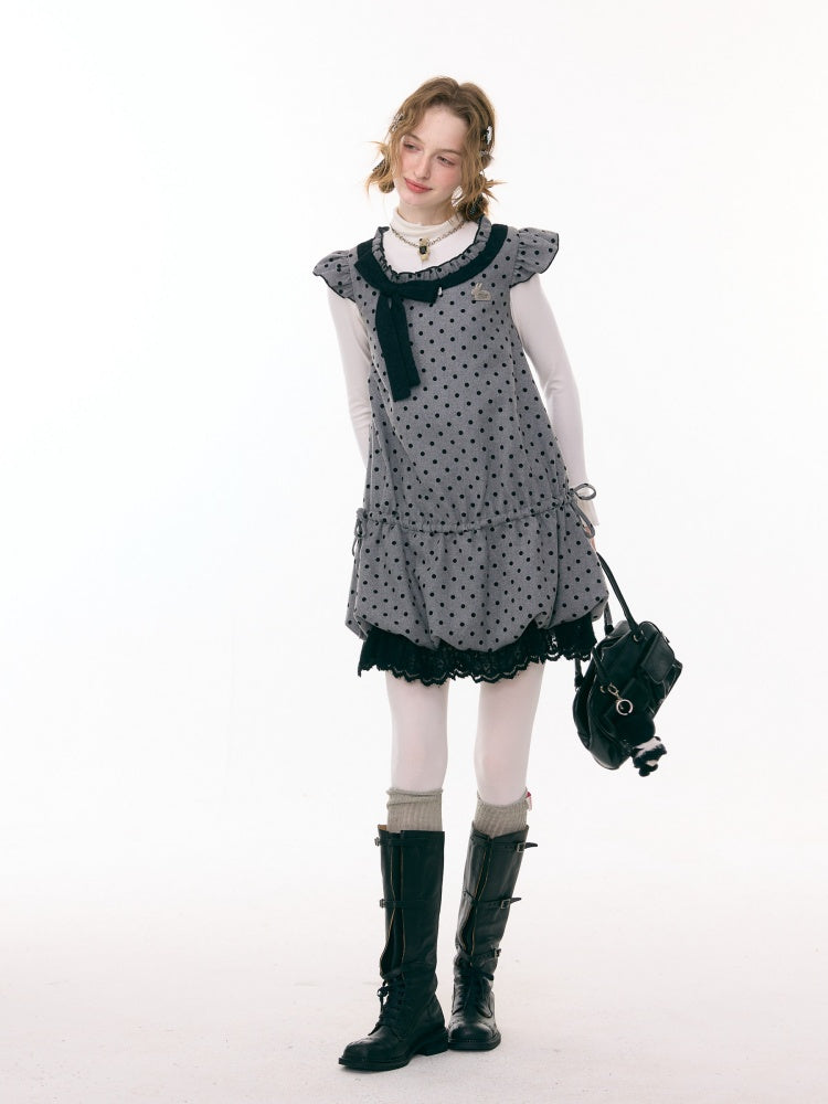 Polka Dot Flying Sleeves Layered With Pocket Hem Woolen Dress【s0000015300】