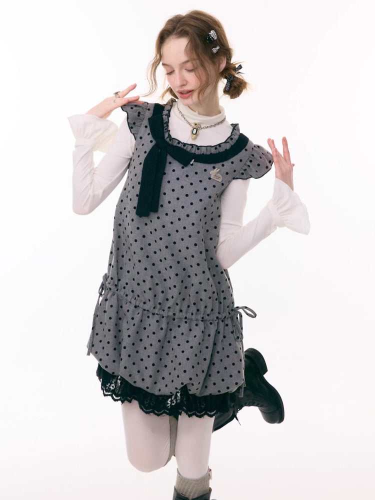 Polka Dot Flying Sleeves Layered With Pocket Hem Woolen Dress【s0000015300】