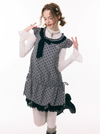 Polka Dot Flying Sleeves Layered With Pocket Hem Woolen Dress【s0000015300】