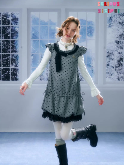 Polka Dot Flying Sleeves Layered With Pocket Hem Woolen Dress【s0000015300】
