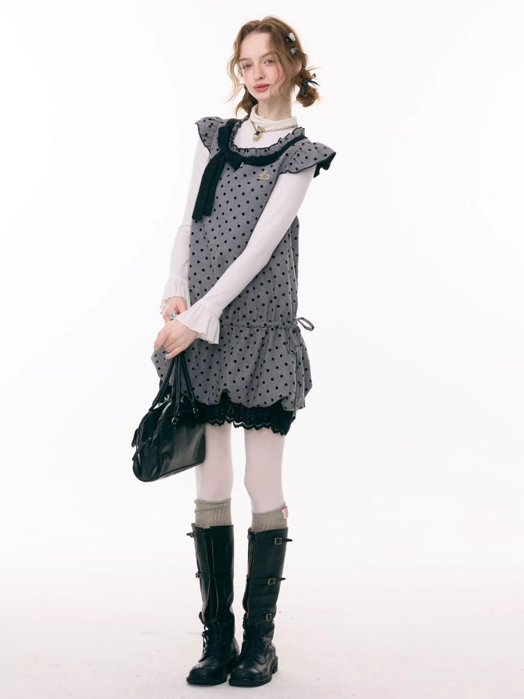 Polka Dot Flying Sleeves Layered With Pocket Hem Woolen Dress【s0000015300】