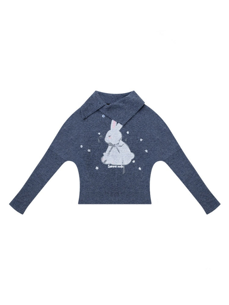 Cute Rabbit Around The Stars Slanted Neckline Long Sleeve T-Shirt Knitted Top【s0000015301】