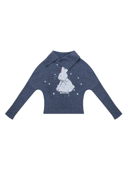 Cute Rabbit Around The Stars Slanted Neckline Long Sleeve T-Shirt Knitted Top【s0000015301】