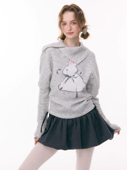 Cute Rabbit Around The Stars Slanted Neckline Long Sleeve T-Shirt Knitted Top【s0000015301】