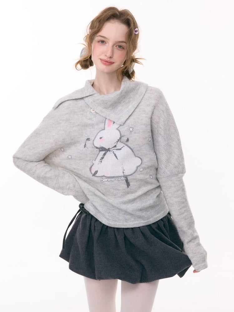 Cute Rabbit Around The Stars Slanted Neckline Long Sleeve T-Shirt Knitted Top【s0000015301】