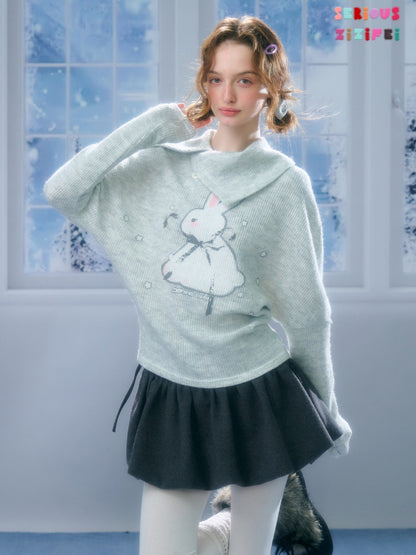 Cute Rabbit Around The Stars Slanted Neckline Long Sleeve T-Shirt Knitted Top【s0000015301】