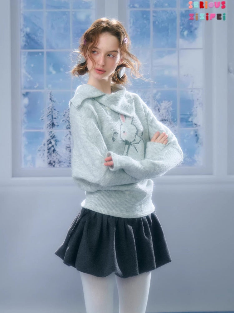 Cute Rabbit Around The Stars Slanted Neckline Long Sleeve T-Shirt Knitted Top【s0000015301】