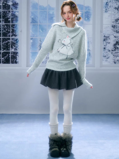 Cute Rabbit Around The Stars Slanted Neckline Long Sleeve T-Shirt Knitted Top【s0000015301】