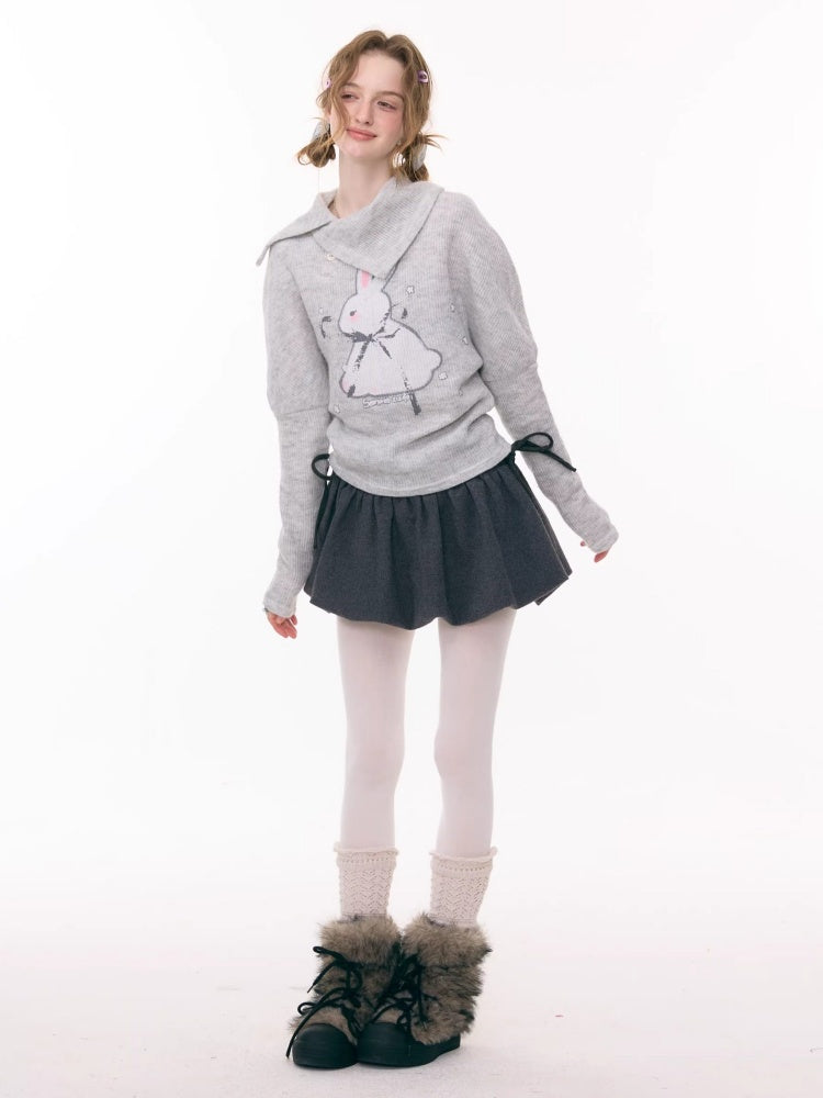 Cute Rabbit Around The Stars Slanted Neckline Long Sleeve T-Shirt Knitted Top【s0000015301】